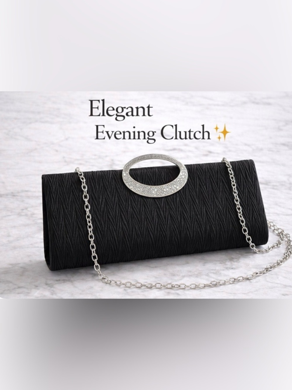 Elegant Black Ring Handle Evening Clutch Bag w/ Chain Strap - Picture 1 of 2